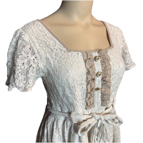 Axes Femme Cream Lace Dress – Layered Hem, square Neck Tie Waist Mori Girl - Picture 2 of 10